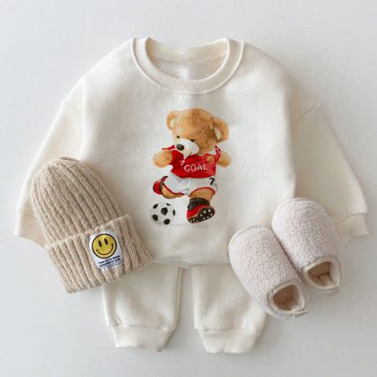 Baby Soccer Bear White Sweatshirt 2-piece Set