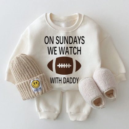 ON SUNDAYS WE WATCH FOOTBALL WITH DADDY Baby White Sweatshirt 2-piece Set