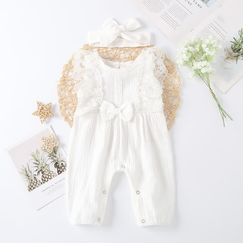 Baby Solid Color Lace Romper with Headband