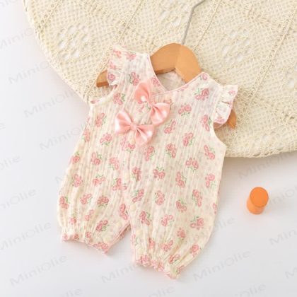 Baby Girl Floral Sleeveless Beige Romper