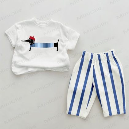 Baby 2-Piece Cute Dachshund Blue Striped Set