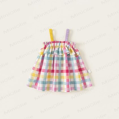 Toddler Lovely Colorful Plaid Suspenders Dress