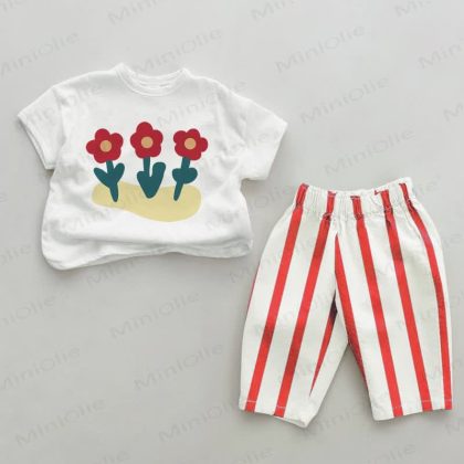 Baby 2-Piece Red Triple Flowers Striped Set