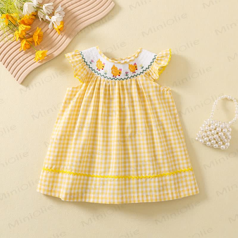 Toddler Embroidered Chicken Yellow Plaid Dress