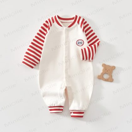 Baby Striped Sleeve Bear Badge Romper