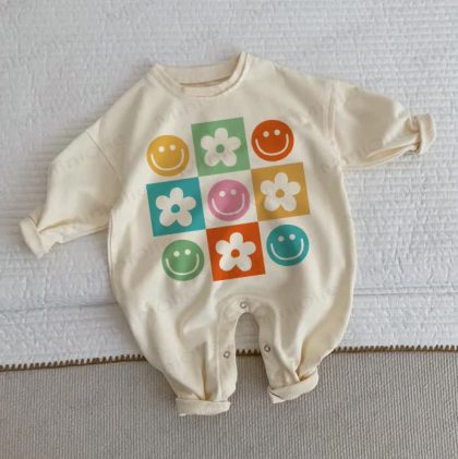 Baby Colorful Flower & Smiley Face Beige Romper