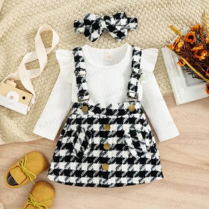 Baby Black White Plaid Suspender Skirt 2-piece Set