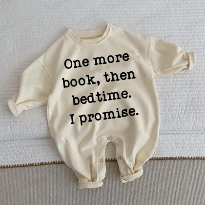 ONE MORE BOOK, THEN BED TIME. I PROMISE. Baby Beige Romper