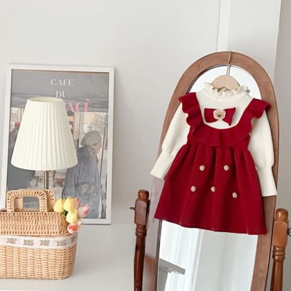Toddler Girl Red Lace Bear Bow Knitted Christmas Dress