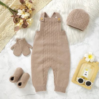 Baby Solid Color Knit Romper with Hat Socks Gloves