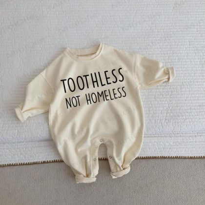TOOTHLESS NOT HOMELESS Baby Beige Romper