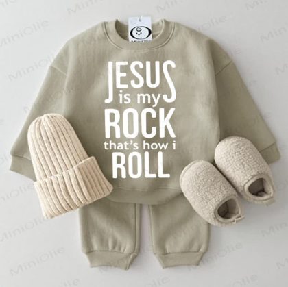 JESUS IS MY ROCK THAT'S HOW I ROLL Baby Sweatshirt 2-piece Grey Green Set