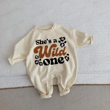 SHE'S A WILD ONE Baby Toddler Beige Romper
