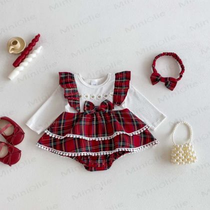 Baby Plaid Daisy Fake 2pcs Bodysuit with Headband