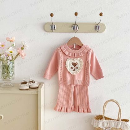 Baby Girl Heart Knit Bow 2-piece Lace Set
