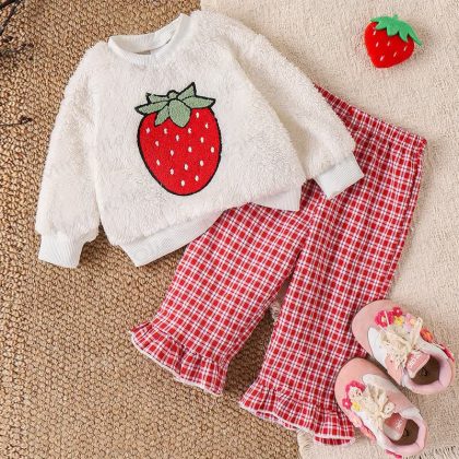 Baby Girl Sweet Strawberry Fleece Red White Plaid 2-piece Set
