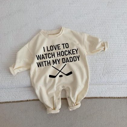 I LOVE TO WATCH HOCKEY WITH MY DADDY Baby Beige Romper