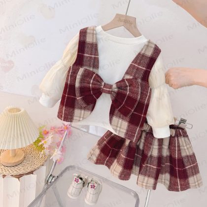 Baby Toddler Girl Bow Plaid Suit Skirt
