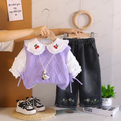 Baby Toddler Girl Cherry Plaid Bow 3-piece Set