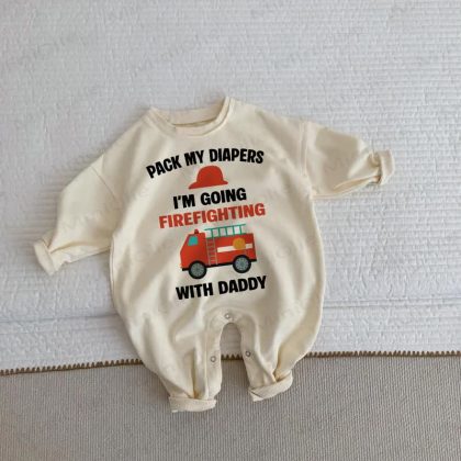 PACK MY DIAPERS I'M GOING FIREFIGHTING WITH DADDY Baby Toddler Beige Romper