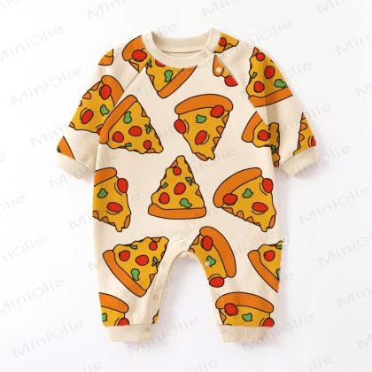 Baby Funny Pizza Print Beige Romper