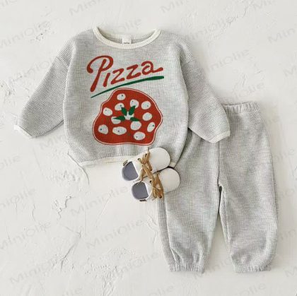 PIZZA Baby Waffle Sweatshirt 2-piece Light Grey Set
