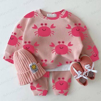 Baby Waffle Pink Smiling Crab Sweatshirt 2-piece Set