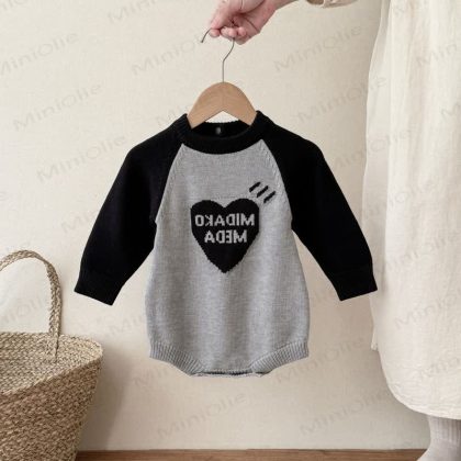 Baby Knit Heart Contrast Sleeves Bodysuit