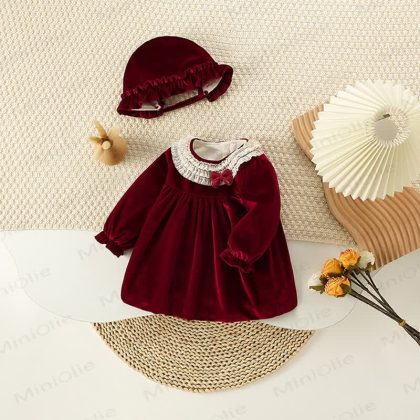 Baby Toddler Girl Red Velvet Dress With A Hat