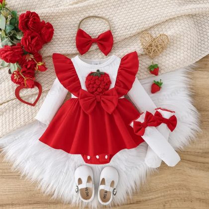 Baby Girl Bow Embroidery Strawberry Flying Sleeves Dress