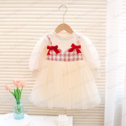 Baby Toddler Girl Bow Plaid Mesh Sequin Dress