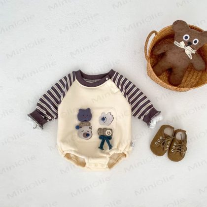 Baby Striped Sleeves Cartoon Bodysuit