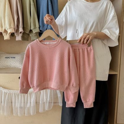 Toddler Solid Color Waffle Sweatshirt and Pants 2-Piece Set