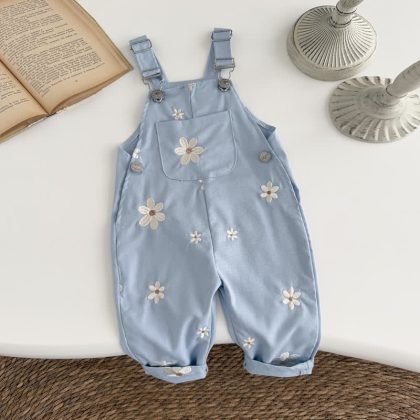 Baby Embroidered Flower Cute Blue Overalls