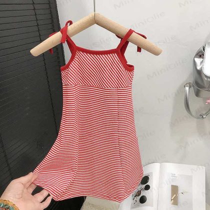 Toddler Red Bow Striped Suspenders Dress