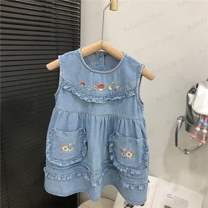 Toddler Denim Embroidered Mushroom Dress