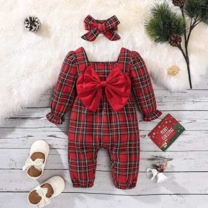 Baby Girl Red Plaid Romper with Bow Headband