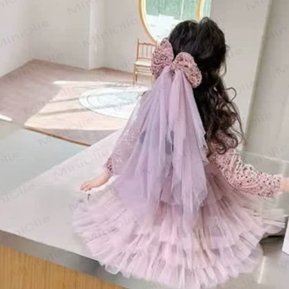Toddler Girl Mesh Sequins Dress With Bow Veil