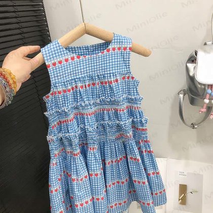 Toddler Blue Plaid Strawberry Sleeveless Dress